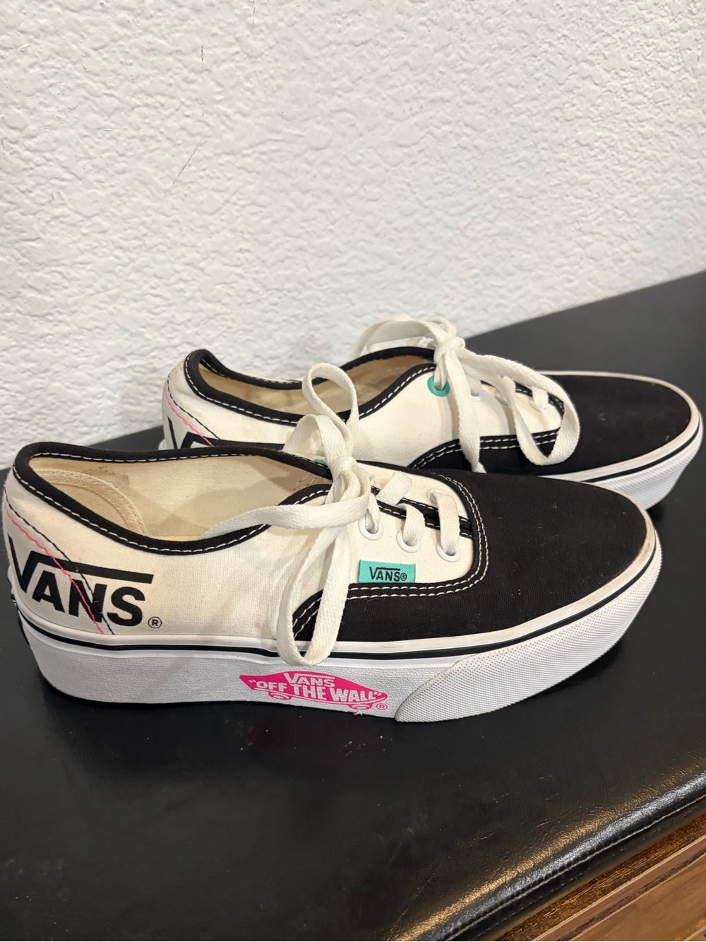 Vans Women's Black & White Canvas Platform Sneakers with Pink & Teal Accents